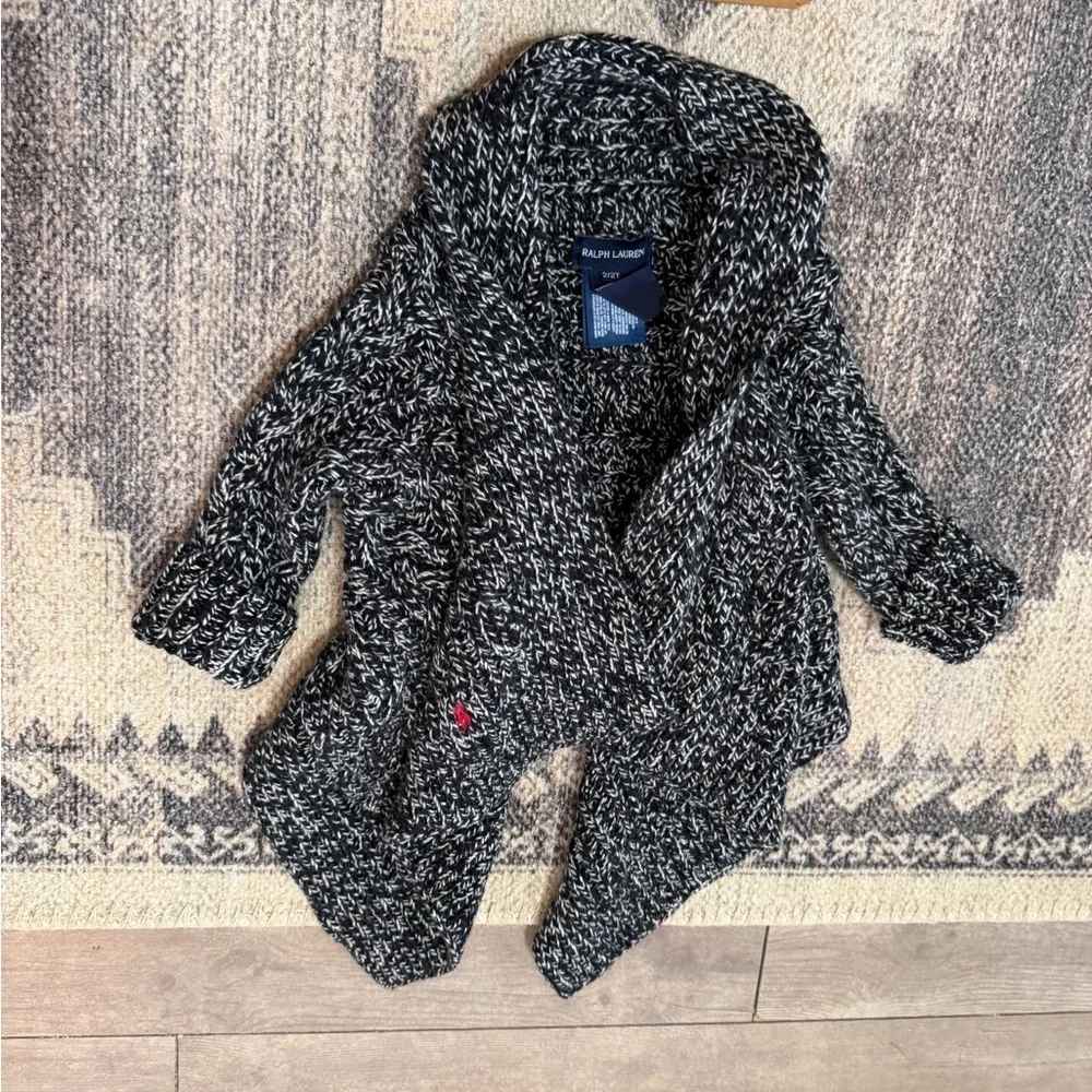 Ralph Lauren Toddler Girl Chunky Knit Black & White Marled Shawl-Collar Cardigan